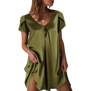 image:imageEkouaer Satin Nightgowns for Women Short Sleeve VNeck Silk Sleep ShirtArmy Green
