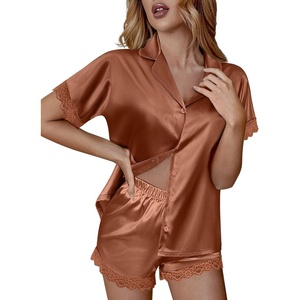 image:imageEkouaer Women Lace Satin Pajama Set Button Down Silk Pjs Shorts Set XSXXLBrown