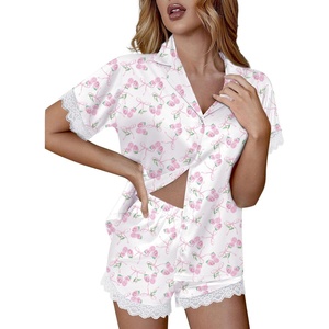 image:imageEkouaer Women Lace Satin Pajama Set Button Down Silk Pjs Shorts Set XSXXLPink Bow Hydrangea