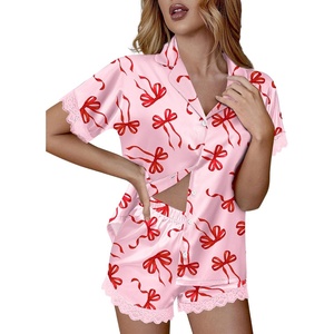 image:imageEkouaer Women Lace Satin Pajama Set Button Down Silk Pjs Shorts Set XSXXLRed Bow