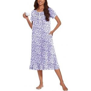 image:imageEkouaer Womens Cotton Nightgown Long Short Sleeve House Dress with PocketsBlue Dot