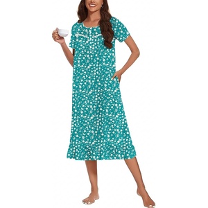 image:imageEkouaer Womens Cotton Nightgown Long Short Sleeve House Dress with PocketsGreen Florals