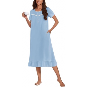 image:imageEkouaer Womens Cotton Nightgown Long Short Sleeve House Dress with PocketsLight Blue