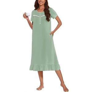image:imageEkouaer Womens Cotton Nightgown Long Short Sleeve House Dress with PocketsLight Green