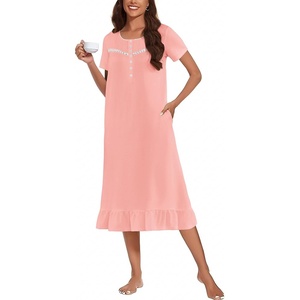 image:imageEkouaer Womens Cotton Nightgown Long Short Sleeve House Dress with PocketsLight Pink