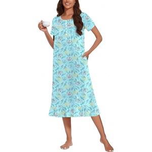 image:imageEkouaer Womens Cotton Nightgown Long Short Sleeve House Dress with PocketsLine Flowers