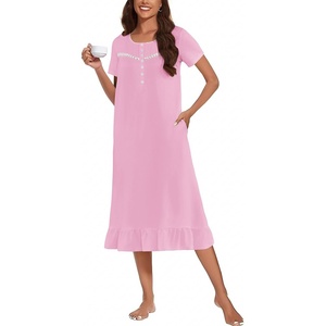 image:imageEkouaer Womens Cotton Nightgown Long Short Sleeve House Dress with PocketsPink