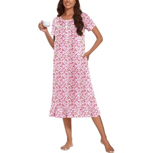 image:imageEkouaer Womens Cotton Nightgown Long Short Sleeve House Dress with PocketsPink Flower