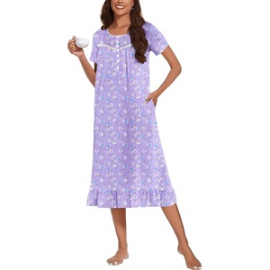 image:imageEkouaer Womens Cotton Nightgown Long Short Sleeve House Dress with PocketsPurple Florals