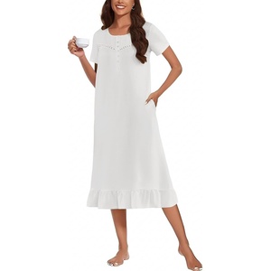 image:imageEkouaer Womens Cotton Nightgown Long Short Sleeve House Dress with PocketsWhite