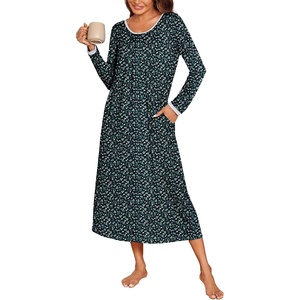 image:imageEkouaer Womens Long Sleeve Nightgowns Full Length Sleep Dress SleepshirtsBlack With White Flowers