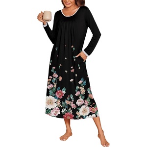 image:imageEkouaer Womens Long Sleeve Nightgowns Full Length Sleep Dress SleepshirtsBlackColorful Flower