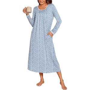 image:imageEkouaer Womens Long Sleeve Nightgowns Full Length Sleep Dress SleepshirtsBlueRed Flowers