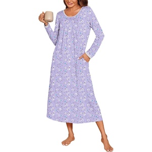 image:imageEkouaer Womens Long Sleeve Nightgowns Full Length Sleep Dress SleepshirtsPurpleBlue Flowers