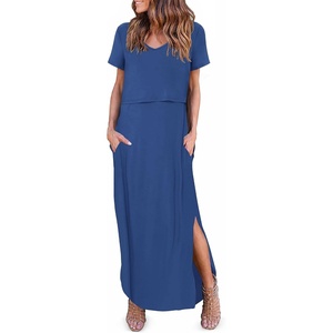 image:imageEkouaer Womens Nursing Dress Breastfeeding Summer V Neck Maternity DressesDark Blue