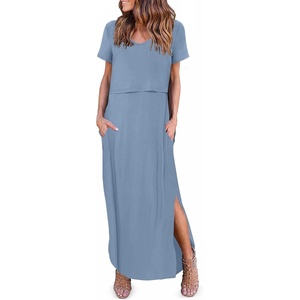 image:imageEkouaer Womens Nursing Dress Breastfeeding Summer V Neck Maternity DressesGrey Blue