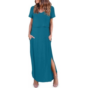 image:imageEkouaer Womens Nursing Dress Breastfeeding Summer V Neck Maternity DressesTeal