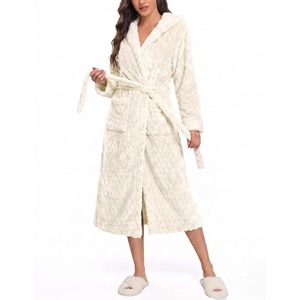 image:imageEkouaer Womens Plush Robes Long Soft Jacquard Fluffy Bathrobe Hooded RobeB White