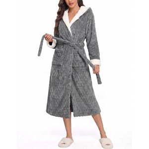 image:imageEkouaer Womens Plush Robes Long Soft Jacquard Fluffy Bathrobe Hooded RobeLight Grey