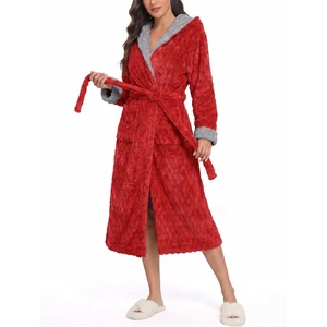image:imageEkouaer Womens Plush Robes Long Soft Jacquard Fluffy Bathrobe Hooded RobeRed