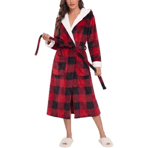 image:imageEkouaer Womens Plush Robes Long Soft Jacquard Fluffy Bathrobe Hooded RobeRed Black Plaid