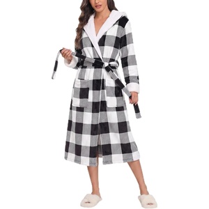 image:imageEkouaer Womens Plush Robes Long Soft Jacquard Fluffy Bathrobe Hooded RobeWhite Black Plaid