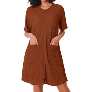 image:imageEkouaer Zip Up Robes for Women Short Knit Bathrobe with PocketsCaramel