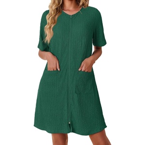image:imageEkouaer Zip Up Robes for Women Short Knit Bathrobe with PocketsGreen