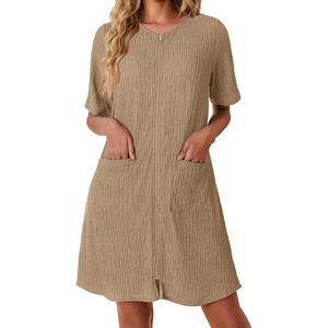 image:imageEkouaer Zip Up Robes for Women Short Knit Bathrobe with PocketsKhaki