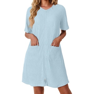 image:imageEkouaer Zip Up Robes for Women Short Knit Bathrobe with PocketsLight Blue