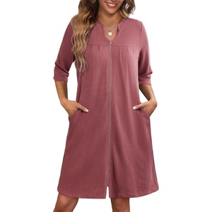 image:imageEkouaer Zipper Robes for Women 34 Sleeve Waffle Knit Bathrobe Lightweight Short Housecoat with Pockets Soft LoungewearCaramel