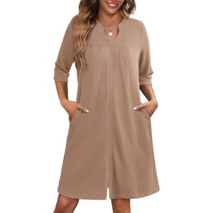 image:imageEkouaer Zipper Robes for Women 34 Sleeve Waffle Knit Bathrobe Lightweight Short Housecoat with Pockets Soft LoungewearKhaki