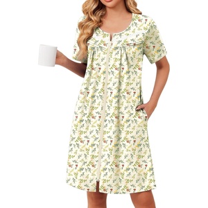 image:imageEkouaer Zipper Robes for Women Short Sleeve Housecoats Zip Up NightgownsYellow  Red Floral