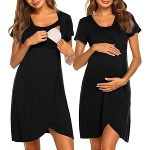 image:imageNursing Nightgown Short Sleeve Breasfeeding Birthing Gown Maternity DressBlack