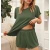 image:imageEkouaer Womens Pajamas 2 Piece Ribbed Knit Pjs Short Sleeve Lounge SetsArmy Green