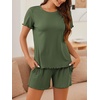 image:imageEkouaer Womens Pajamas 2 Piece Ribbed Knit Pjs Short Sleeve Lounge SetsArmy Green