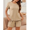 image:imageEkouaer Womens Pajamas 2 Piece Ribbed Knit Pjs Short Sleeve Lounge SetsBeige
