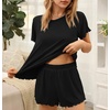image:imageEkouaer Womens Pajamas 2 Piece Ribbed Knit Pjs Short Sleeve Lounge SetsBlack