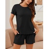 image:imageEkouaer Womens Pajamas 2 Piece Ribbed Knit Pjs Short Sleeve Lounge SetsBlack