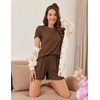 image:imageEkouaer Womens Pajamas 2 Piece Ribbed Knit Pjs Short Sleeve Lounge SetsBrown