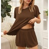 image:imageEkouaer Womens Pajamas 2 Piece Ribbed Knit Pjs Short Sleeve Lounge SetsBrown