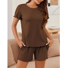 image:imageEkouaer Womens Pajamas 2 Piece Ribbed Knit Pjs Short Sleeve Lounge SetsBrown