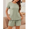 image:imageEkouaer Womens Pajamas 2 Piece Ribbed Knit Pjs Short Sleeve Lounge SetsGreen