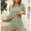 image:imageEkouaer Womens Pajamas 2 Piece Ribbed Knit Pjs Short Sleeve Lounge SetsGreen