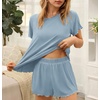 image:imageEkouaer Womens Pajamas 2 Piece Ribbed Knit Pjs Short Sleeve Lounge SetsLight Blue
