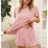 image:imageEkouaer Womens Pajamas 2 Piece Ribbed Knit Pjs Short Sleeve Lounge SetsLight Pink