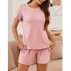 image:imageEkouaer Womens Pajamas 2 Piece Ribbed Knit Pjs Short Sleeve Lounge SetsLight Pink