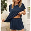 image:imageEkouaer Womens Pajamas 2 Piece Ribbed Knit Pjs Short Sleeve Lounge SetsNavy Blue