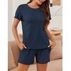 image:imageEkouaer Womens Pajamas 2 Piece Ribbed Knit Pjs Short Sleeve Lounge SetsNavy Blue