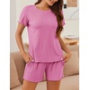 image:imageEkouaer Womens Pajamas 2 Piece Ribbed Knit Pjs Short Sleeve Lounge SetsPink